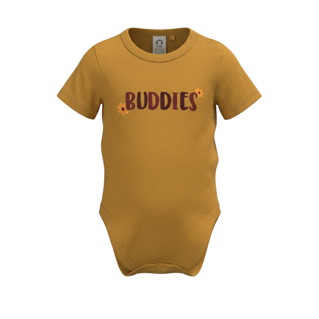 Gold Unisex Graphic Romper | "Buddies" Print Short Sleeve Baby Bodysuit | Soft Cotton Everyday Romper | 2291
