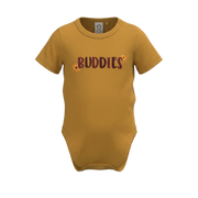 Gold Unisex Graphic Romper | "Buddies" Print Short Sleeve Baby Bodysuit | Soft Cotton Everyday Romper | 2291