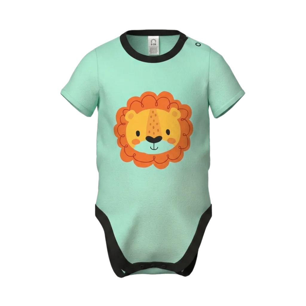 Sea Foam Unisex Graphic Romper | Cute Lion Print Short Sleeve Baby Bodysuit | Soft Cotton Everyday Romper | 2292