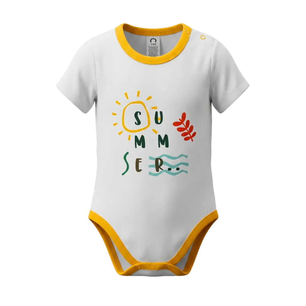 White Unisex Graphic Romper | "Summer" Print Short Sleeve Baby Bodysuit | Soft Cotton Everyday Romper | 2293