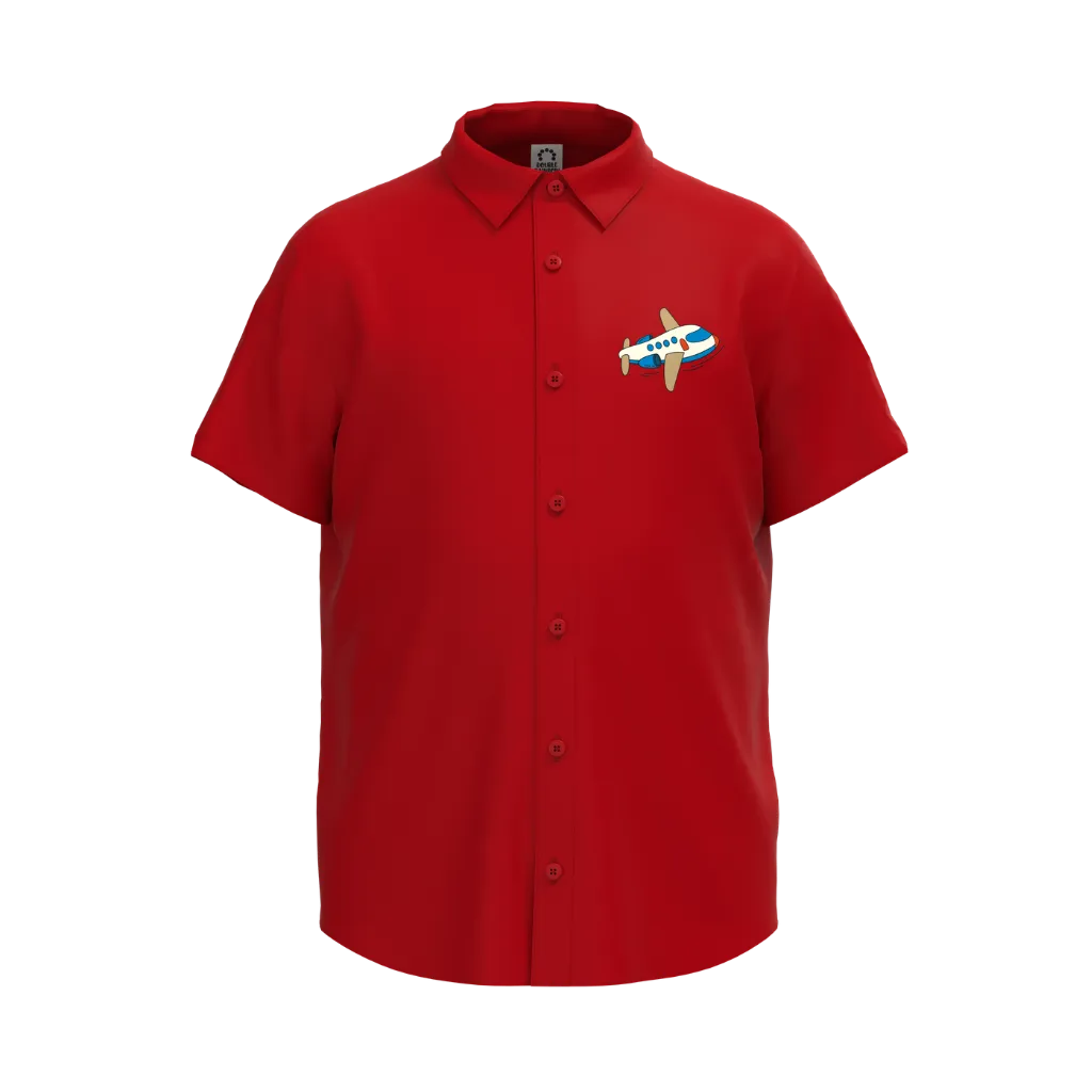 Red Boys Casual Shirt | Airplane Embroidery Short Sleeve Shirt | Soft Cotton Button-Down Summer Shirt | 2298