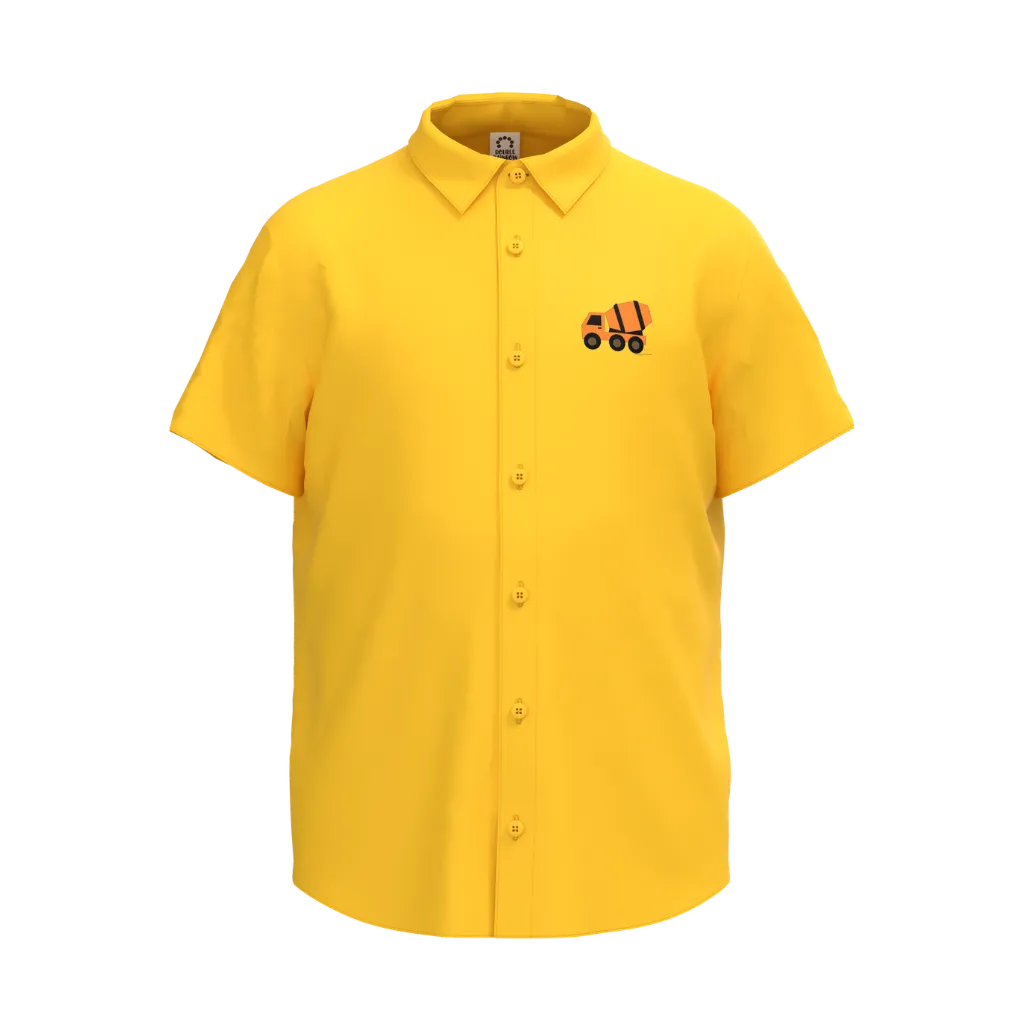 Yellow Boys Casual Shirt | Construction Truck Embroidery Short Sleeve Shirt | Soft Cotton Button-Down Summer Shirt | 2299