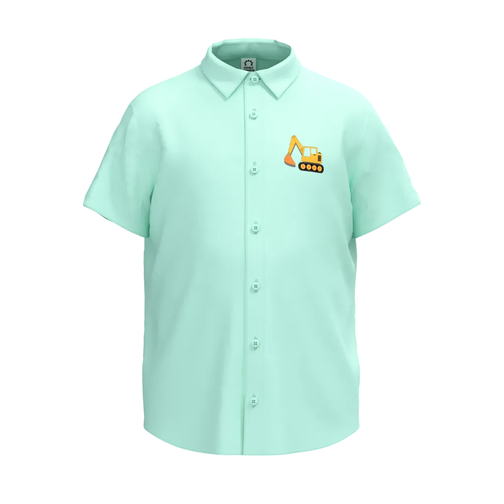 Cyan Boys Casual Shirt | Excavator Embroidery Short Sleeve Shirt | Soft Cotton Button-Down Summer Shirt | 2300