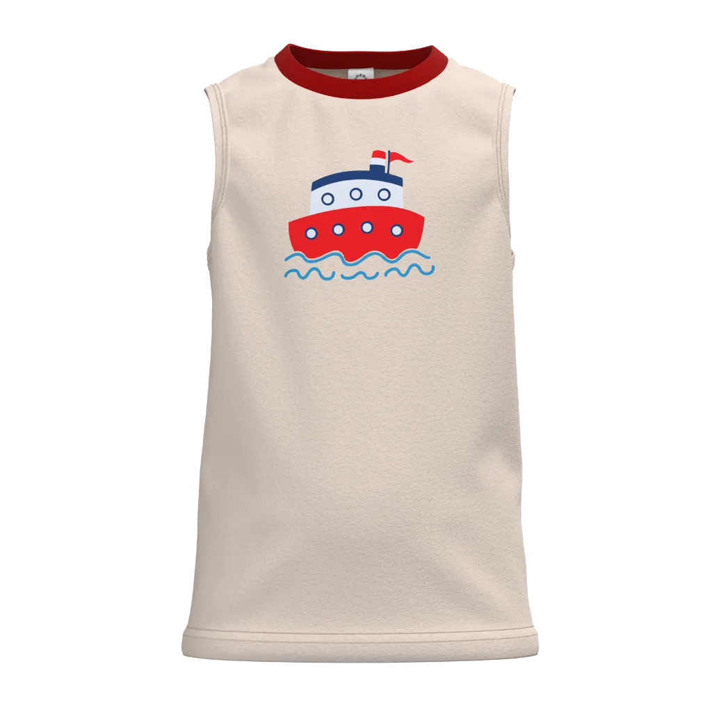 Cream Boys Sleeveless T-Shirt | Boat Print Summer Tank Top | Casual Cotton Kids Wear | 2302