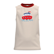 Cream Boys Sleeveless T-Shirt | Boat Print Summer Tank Top | Casual Cotton Kids Wear | 2302