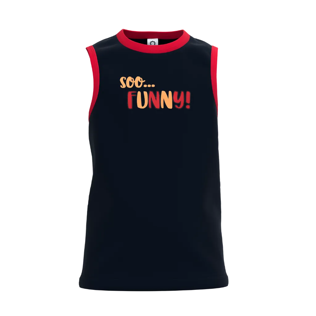 Black Boys Sleeveless T-Shirt | “Soo Funny!” Graphic Kids Tank Top | Soft Cotton Summer Wear | 2303