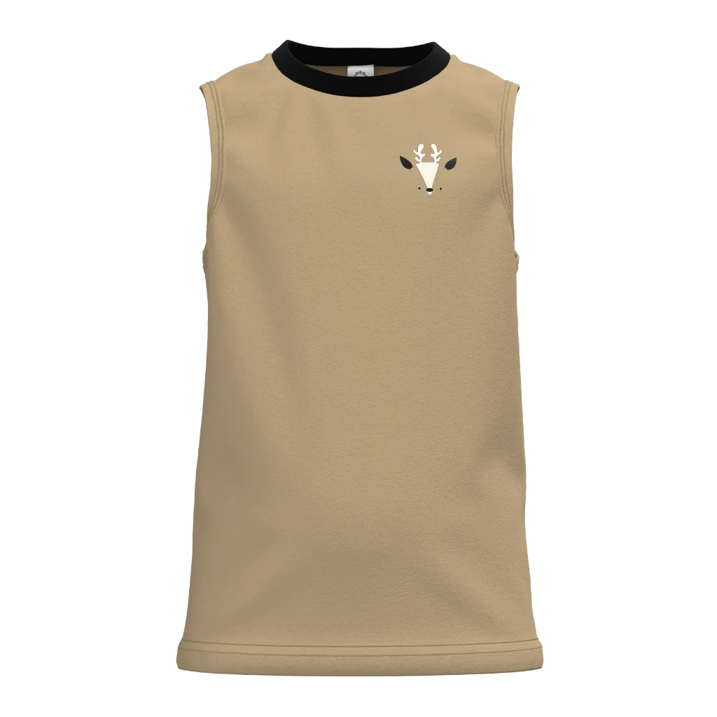 Khaki Boys Sleeveless T-Shirt | Minimal Deer Print Tank Top | Smart Casual Cotton Summer Wear | 2305