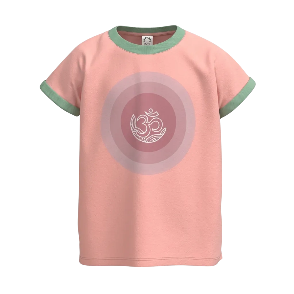 Pink Girls Graphic T-Shirt | Om Symbol Print Contrast Trim Tee | Comfortable Everyday Wear | 2310