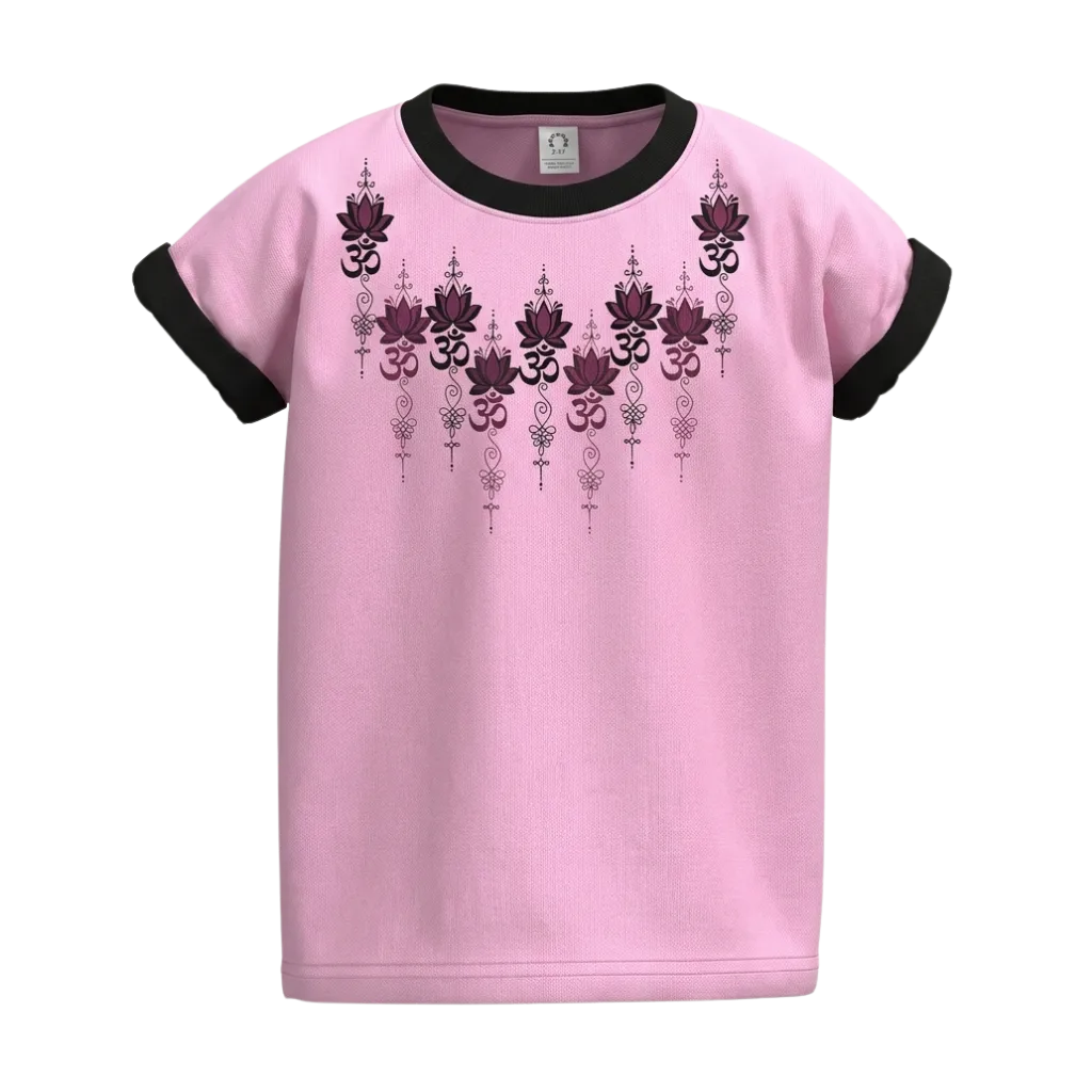 Light Purple Girls Graphic T-Shirt | Lotus & Om Print Contrast Trim Tee | Comfortable Everyday Wear | 2311