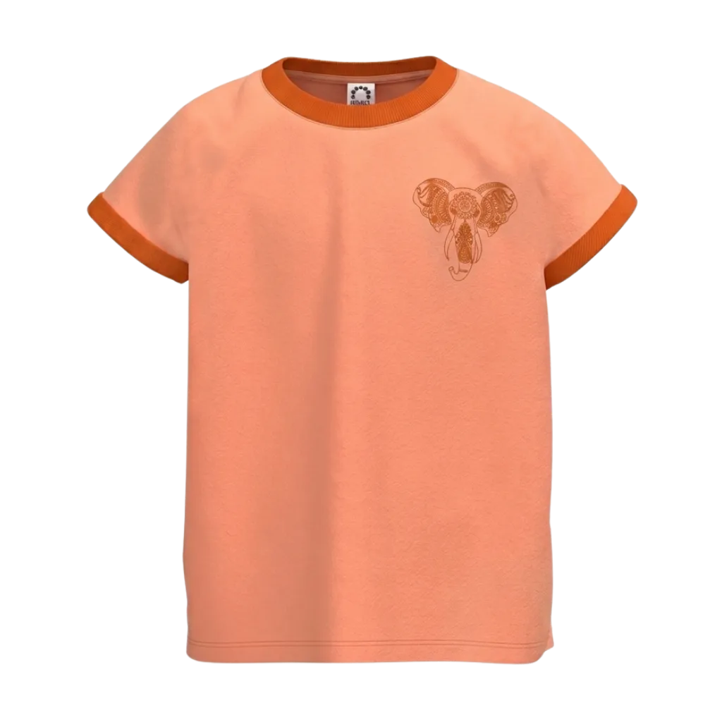 Orange Girls Graphic T-Shirt | Elephant Print Contrast Trim Tee | Comfortable Everyday Wear | 2312